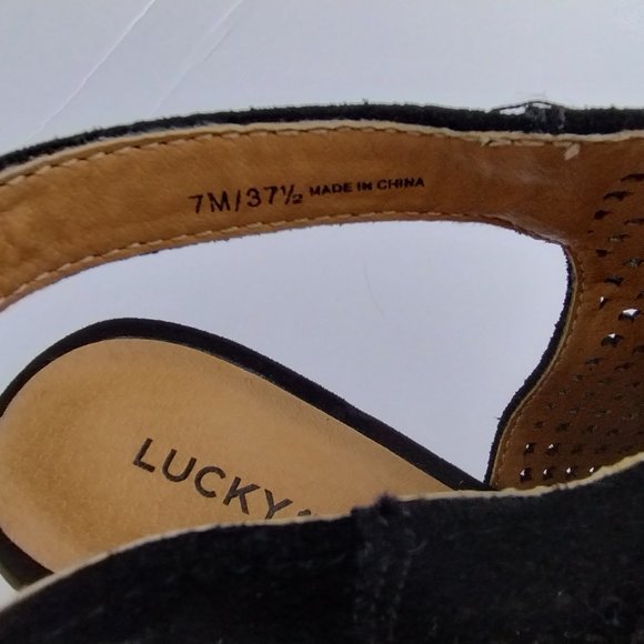 Lucky Brand Bertel Sandal Sling Back Perforated Leather Suede Block Heel Size 7 - Picture 2 of 13